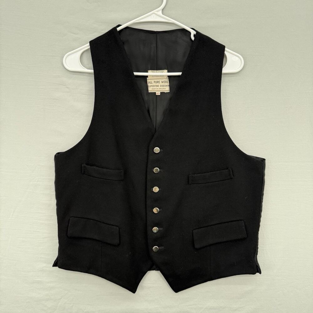 VTG Mens Wool Vest Waistcoat Sz 40 Black Brass Button Superfine Doeskin England